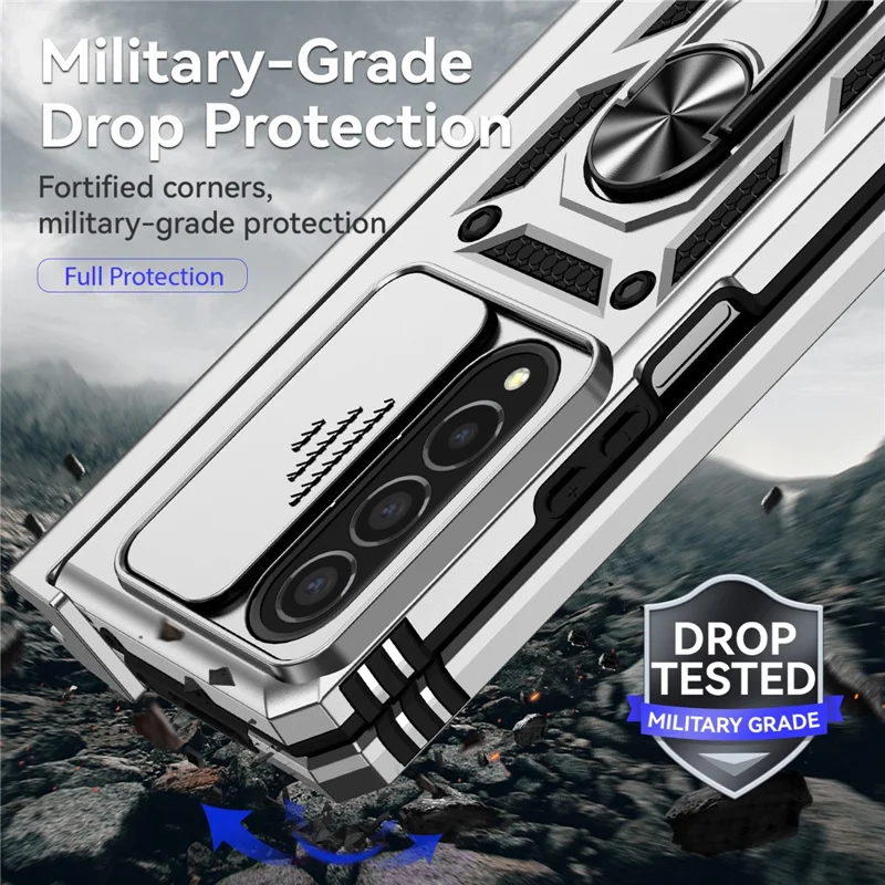 For Samsung Galaxy Z Fold4 5G Case PC+TPU Shockproof Phone Case with Ring Kickstand - Silver