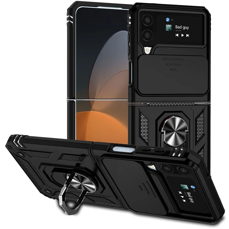 Pour Samsung Galaxy Z Flip4 5G Slide Camera Protector Phone Case Ring Holder Kickstand PC + TPU Hybrid Cover - Noir