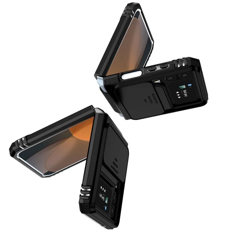 Pour Samsung Galaxy Z Flip4 5G Slide Camera Protector Phone Case Ring Holder Kickstand PC + TPU Hybrid Cover - Noir