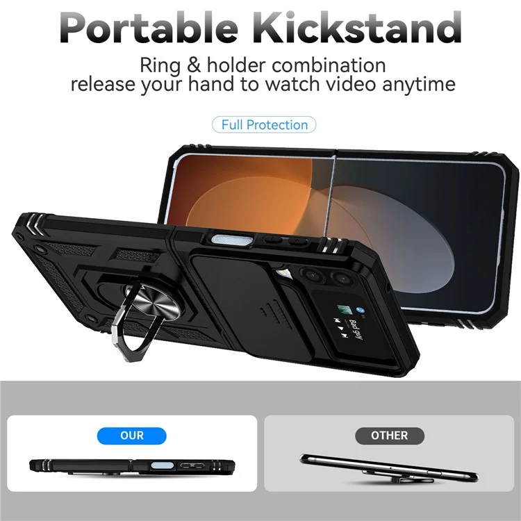 Pour Samsung Galaxy Z Flip4 5G Slide Camera Protector Phone Case Ring Holder Kickstand PC + TPU Hybrid Cover - Noir