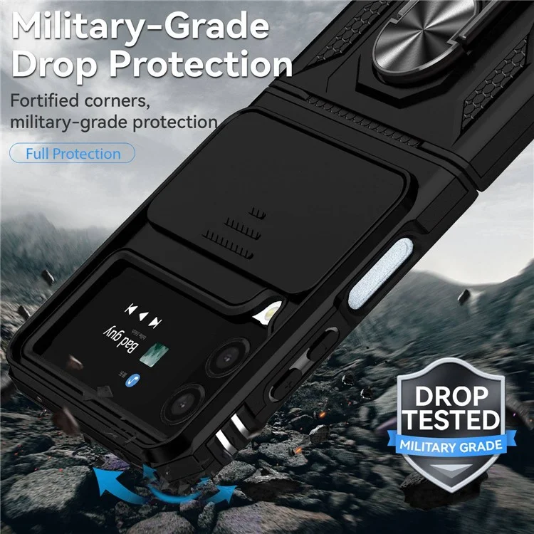 Pour Samsung Galaxy Z Flip4 5G Slide Camera Protector Phone Case Ring Holder Kickstand PC + TPU Hybrid Cover - Noir