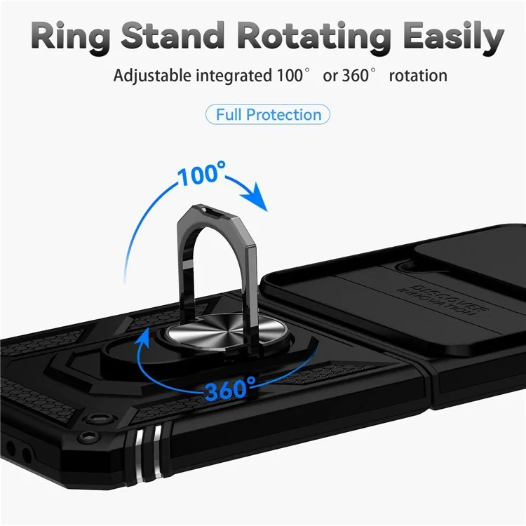 Pour Samsung Galaxy Z Flip4 5G Slide Camera Protector Phone Case Ring Holder Kickstand PC + TPU Hybrid Cover - Noir