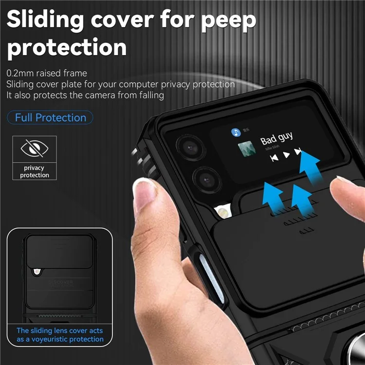 Pour Samsung Galaxy Z Flip4 5G Slide Camera Protector Phone Case Ring Holder Kickstand PC + TPU Hybrid Cover - Noir