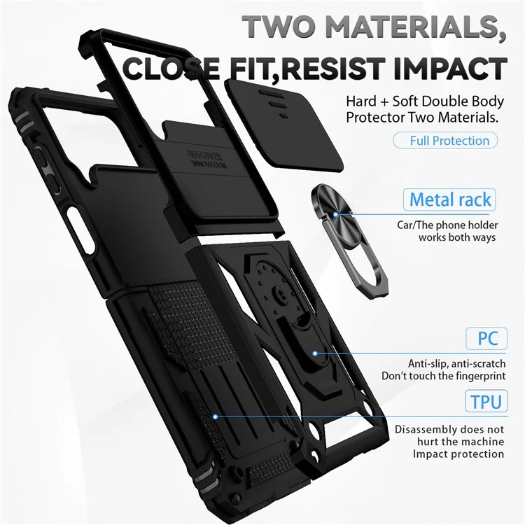 Pour Samsung Galaxy Z Flip4 5G Slide Camera Protector Phone Case Ring Holder Kickstand PC + TPU Hybrid Cover - Noir
