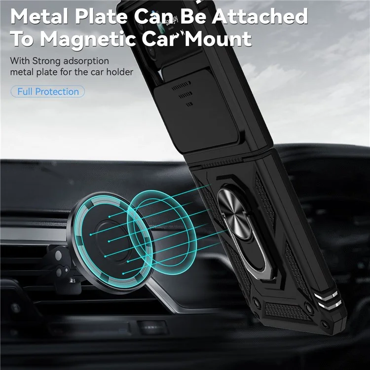 Pour Samsung Galaxy Z Flip4 5G Slide Camera Protector Phone Case Ring Holder Kickstand PC + TPU Hybrid Cover - Noir