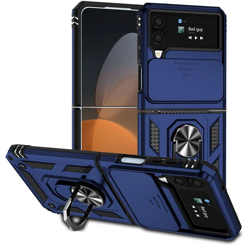 For Samsung Galaxy Z Flip4 5G Slide Camera Protector Phone Case Ring Holder Kickstand PC + TPU Hybrid Cover - Blue