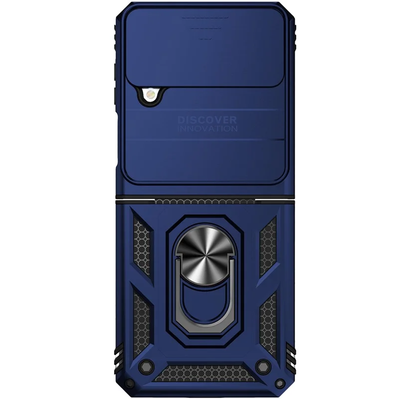 For Samsung Galaxy Z Flip4 5G Slide Camera Protector Phone Case Ring Holder Kickstand PC + TPU Hybrid Cover - Blue