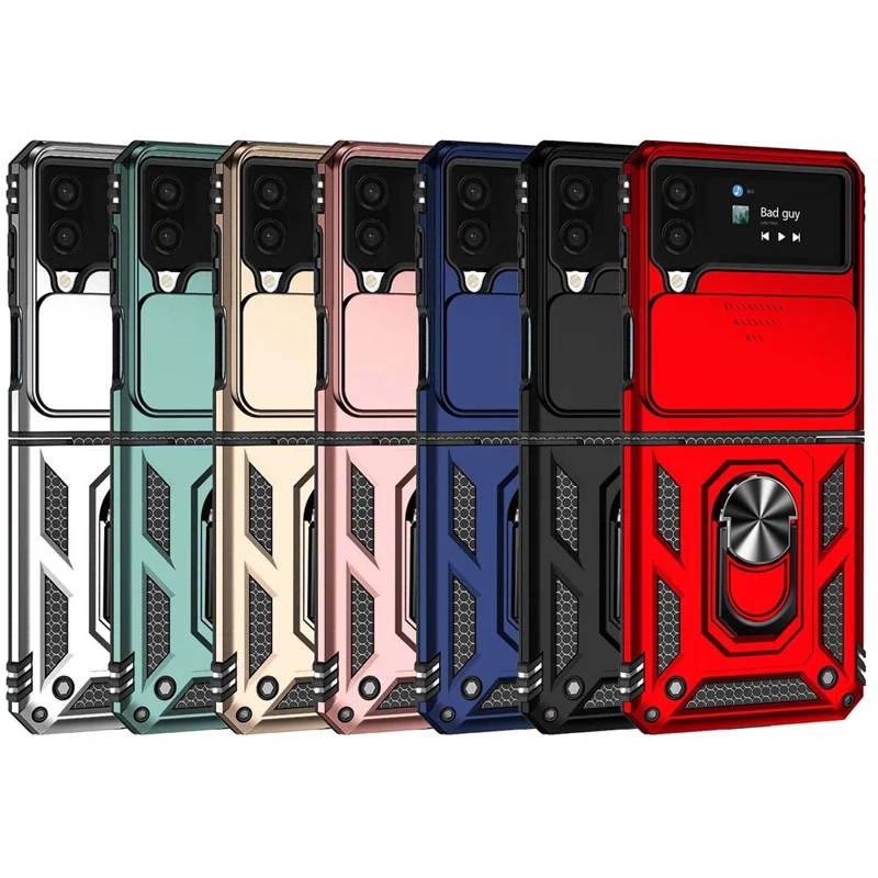 For Samsung Galaxy Z Flip4 5G Slide Camera Protector Phone Case Ring Holder Kickstand PC + TPU Hybrid Cover - Blue
