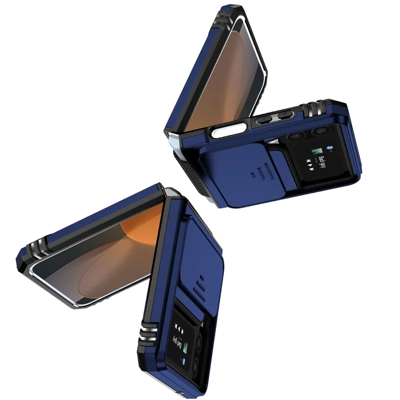 For Samsung Galaxy Z Flip4 5G Slide Camera Protector Phone Case Ring Holder Kickstand PC + TPU Hybrid Cover - Blue