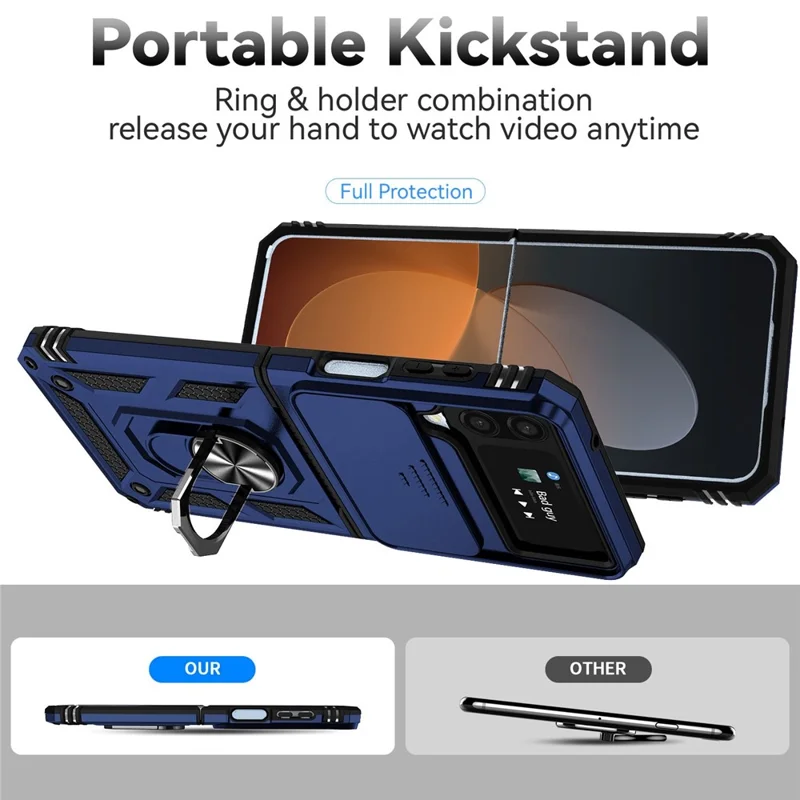 For Samsung Galaxy Z Flip4 5G Slide Camera Protector Phone Case Ring Holder Kickstand PC + TPU Hybrid Cover - Blue