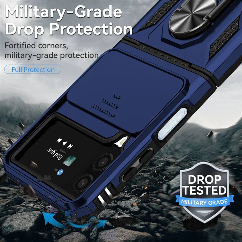 For Samsung Galaxy Z Flip4 5G Slide Camera Protector Phone Case Ring Holder Kickstand PC + TPU Hybrid Cover - Blue