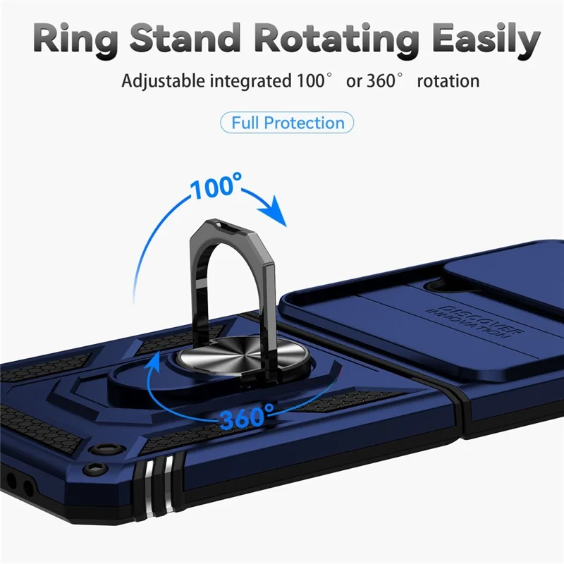 For Samsung Galaxy Z Flip4 5G Slide Camera Protector Phone Case Ring Holder Kickstand PC + TPU Hybrid Cover - Blue