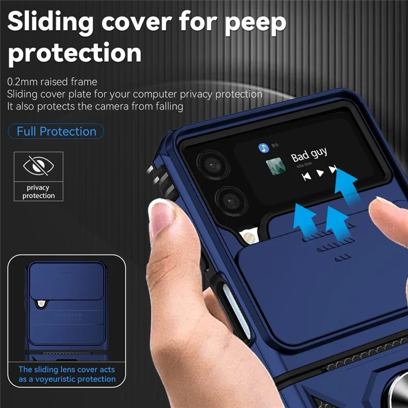 For Samsung Galaxy Z Flip4 5G Slide Camera Protector Phone Case Ring Holder Kickstand PC + TPU Hybrid Cover - Blue