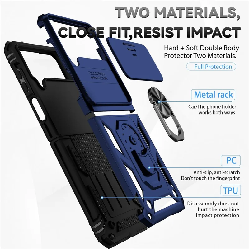 For Samsung Galaxy Z Flip4 5G Slide Camera Protector Phone Case Ring Holder Kickstand PC + TPU Hybrid Cover - Blue