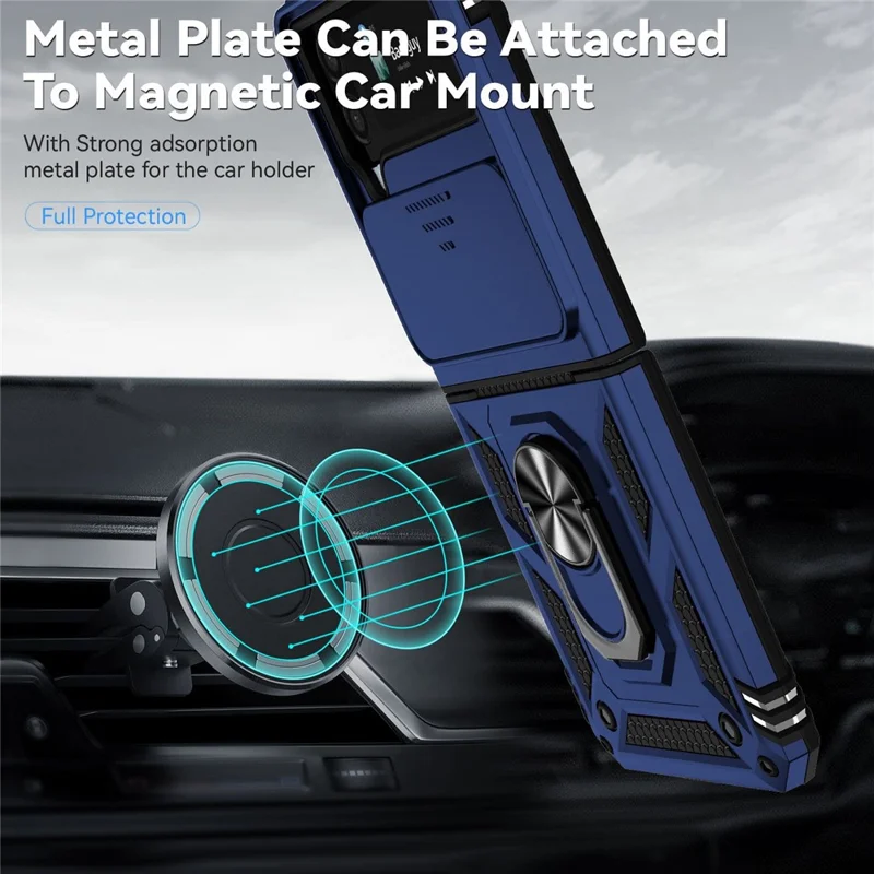 For Samsung Galaxy Z Flip4 5G Slide Camera Protector Phone Case Ring Holder Kickstand PC + TPU Hybrid Cover - Blue