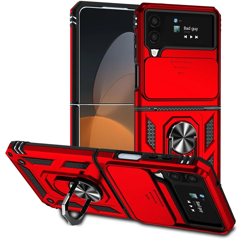 For Samsung Galaxy Z Flip4 5G Slide Camera Protector Phone Case Ring Holder Kickstand PC + TPU Hybrid Cover - Red