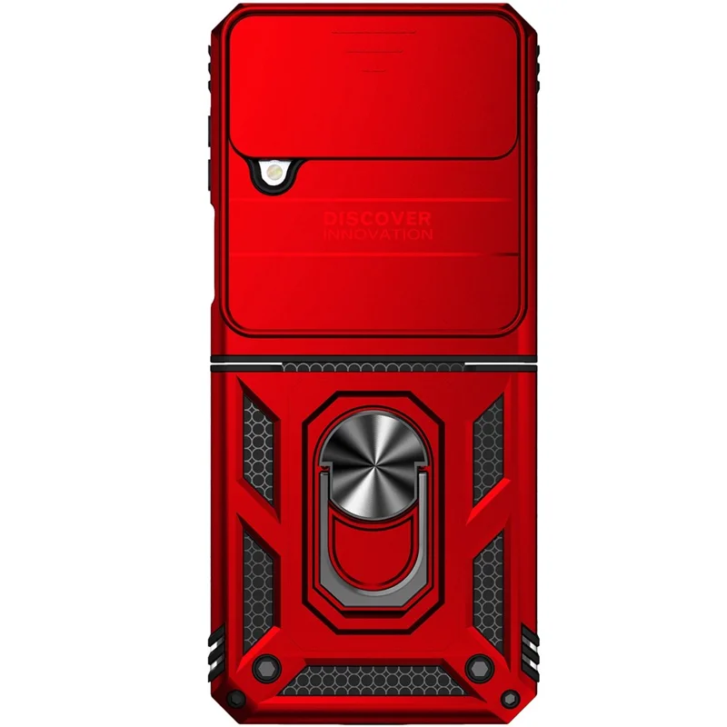 For Samsung Galaxy Z Flip4 5G Slide Camera Protector Phone Case Ring Holder Kickstand PC + TPU Hybrid Cover - Red