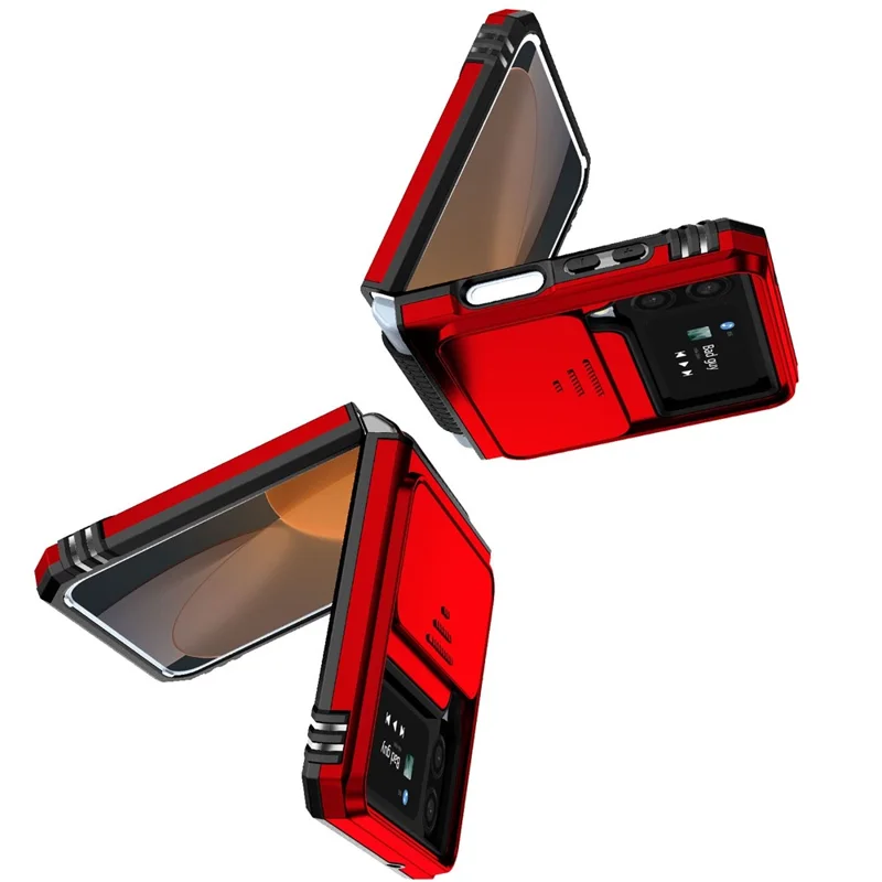 For Samsung Galaxy Z Flip4 5G Slide Camera Protector Phone Case Ring Holder Kickstand PC + TPU Hybrid Cover - Red