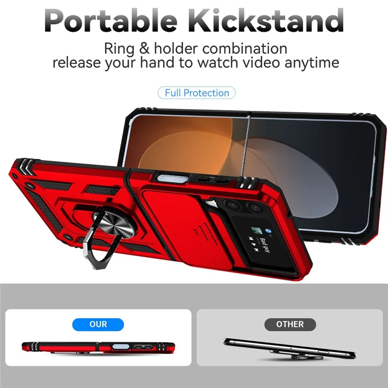 For Samsung Galaxy Z Flip4 5G Slide Camera Protector Phone Case Ring Holder Kickstand PC + TPU Hybrid Cover - Red