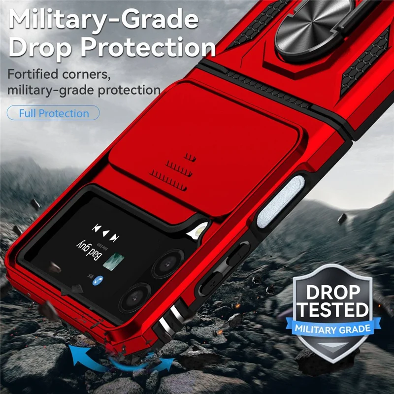 For Samsung Galaxy Z Flip4 5G Slide Camera Protector Phone Case Ring Holder Kickstand PC + TPU Hybrid Cover - Red
