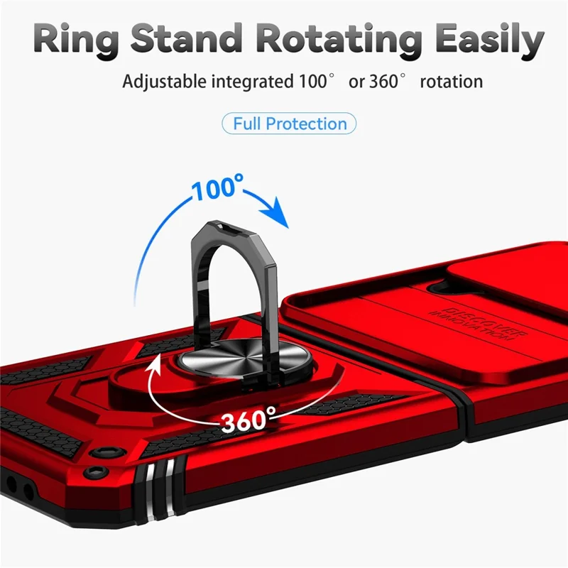 For Samsung Galaxy Z Flip4 5G Slide Camera Protector Phone Case Ring Holder Kickstand PC + TPU Hybrid Cover - Red