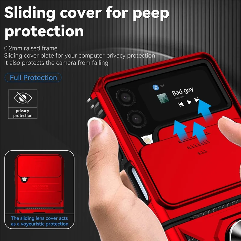 For Samsung Galaxy Z Flip4 5G Slide Camera Protector Phone Case Ring Holder Kickstand PC + TPU Hybrid Cover - Red