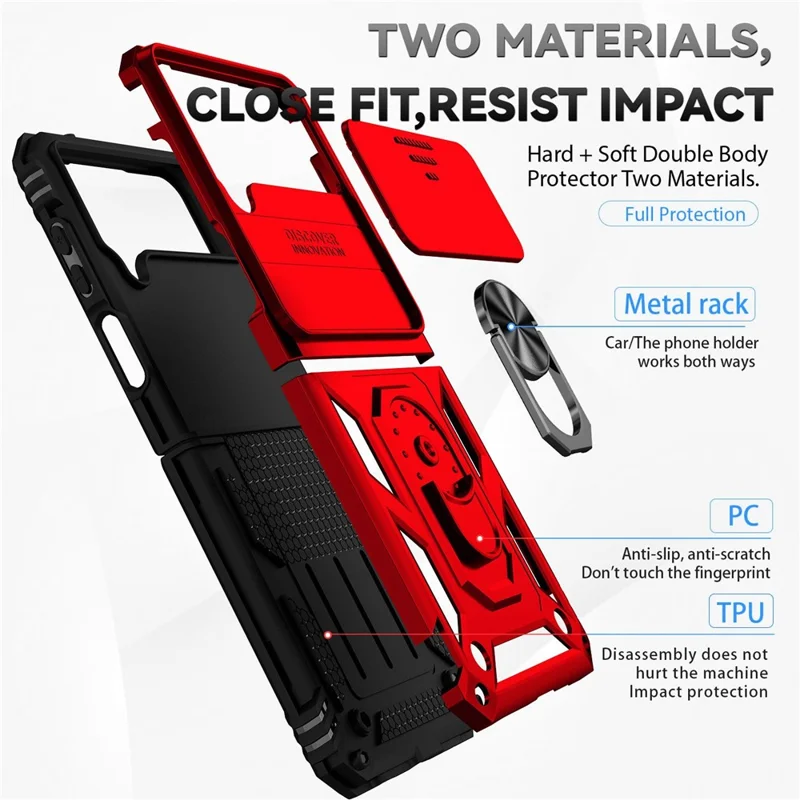 For Samsung Galaxy Z Flip4 5G Slide Camera Protector Phone Case Ring Holder Kickstand PC + TPU Hybrid Cover - Red