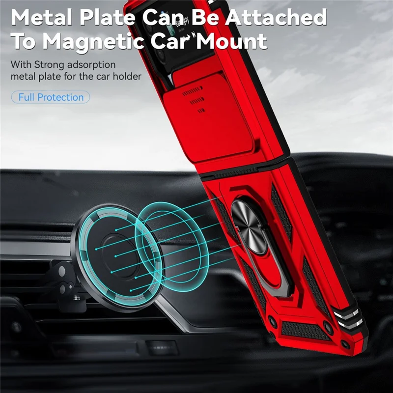 For Samsung Galaxy Z Flip4 5G Slide Camera Protector Phone Case Ring Holder Kickstand PC + TPU Hybrid Cover - Red