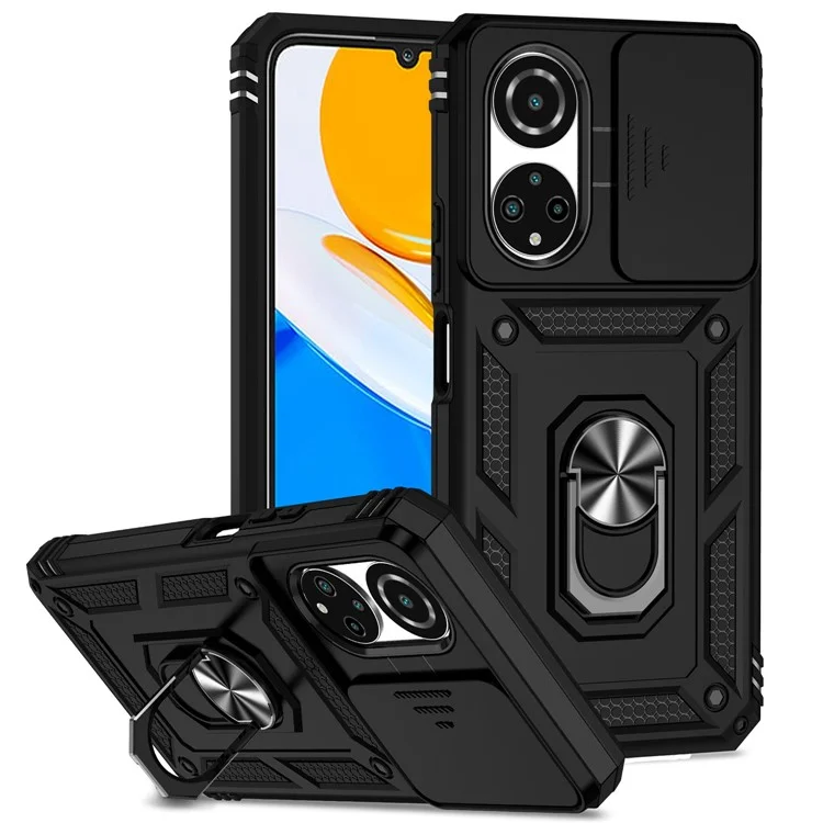 For Honor X7 4G Hard PC + Soft TPU Phone Case with Metal Ring Kickstand and Slide Camera Protector - Black