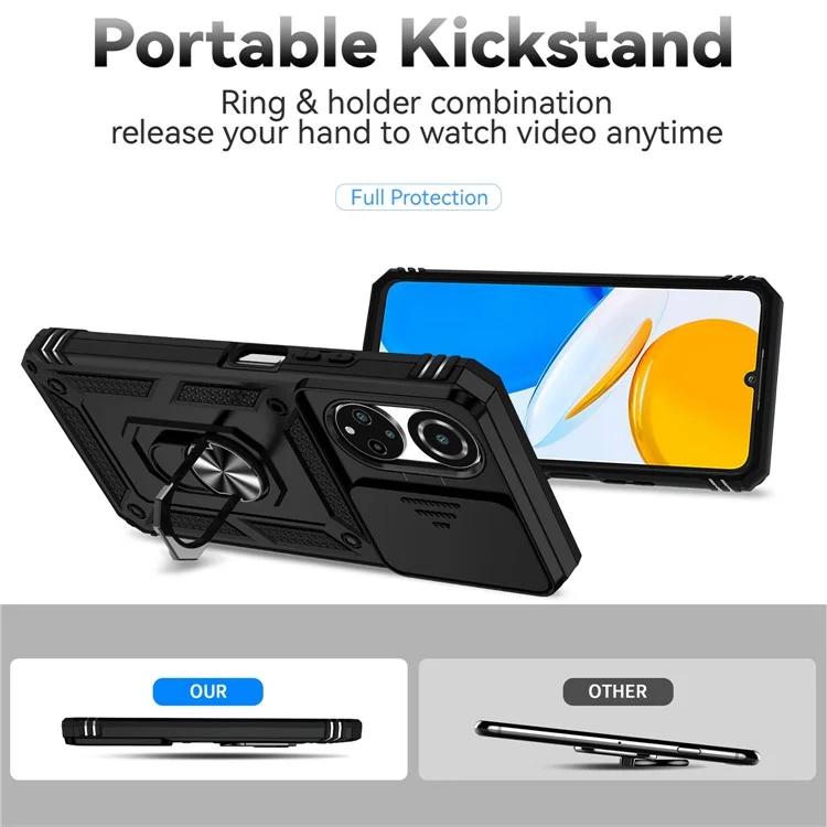 For Honor X7 4G Hard PC + Soft TPU Phone Case with Metal Ring Kickstand and Slide Camera Protector - Black