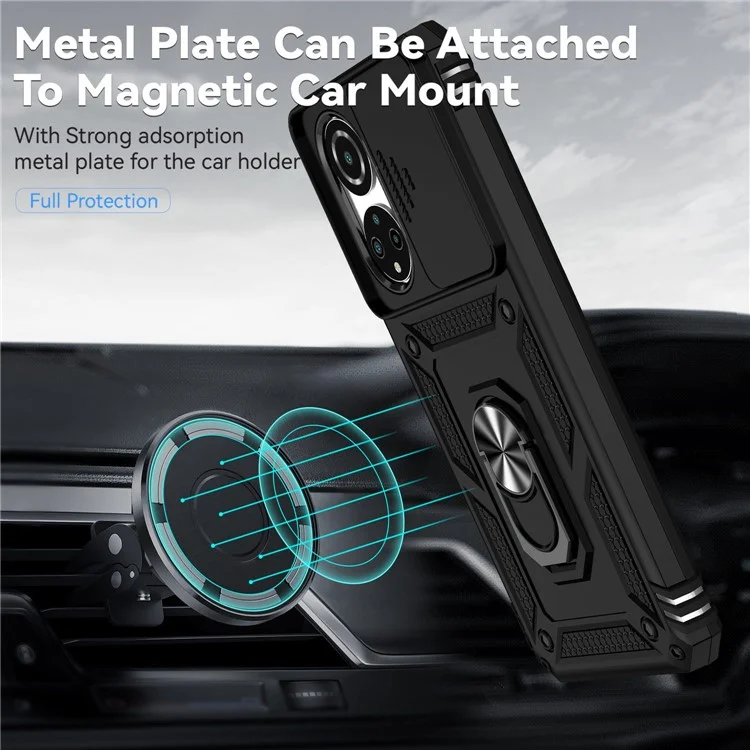 For Honor X7 4G Hard PC + Soft TPU Phone Case with Metal Ring Kickstand and Slide Camera Protector - Black