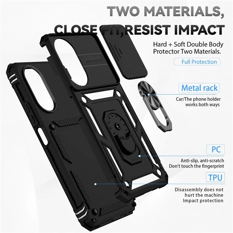For Honor X7 4G Hard PC + Soft TPU Phone Case with Metal Ring Kickstand and Slide Camera Protector - Black