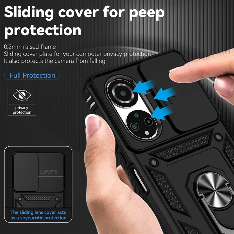 For Honor X7 4G Hard PC + Soft TPU Phone Case with Metal Ring Kickstand and Slide Camera Protector - Black