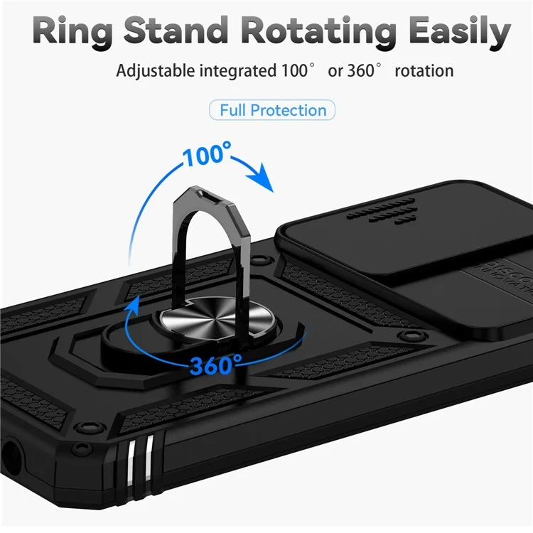 For Honor X7 4G Hard PC + Soft TPU Phone Case with Metal Ring Kickstand and Slide Camera Protector - Black
