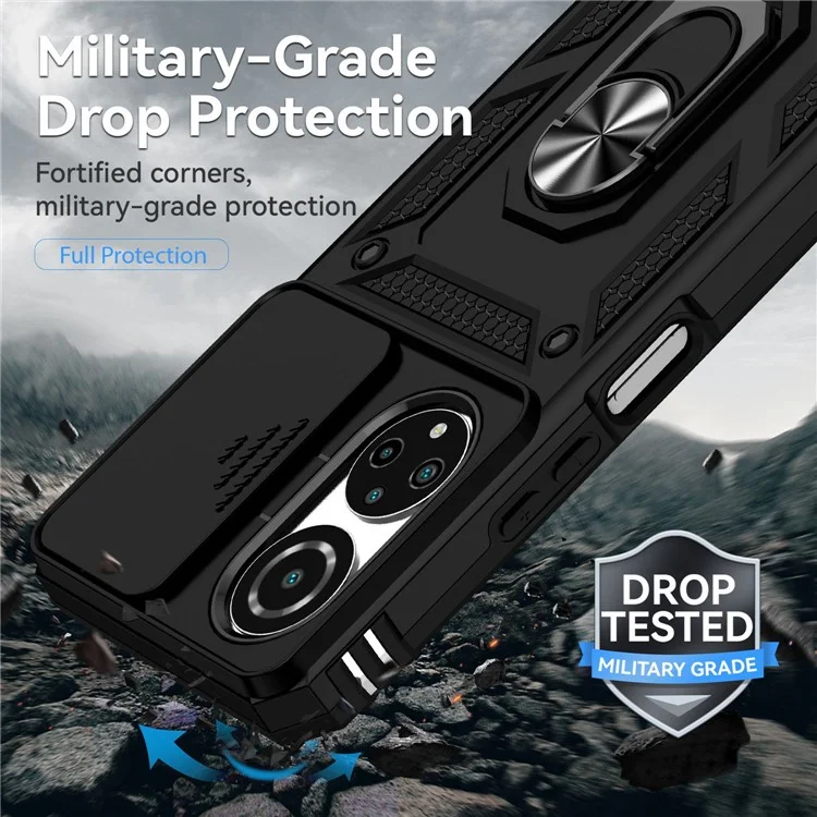 For Honor X7 4G Hard PC + Soft TPU Phone Case with Metal Ring Kickstand and Slide Camera Protector - Black