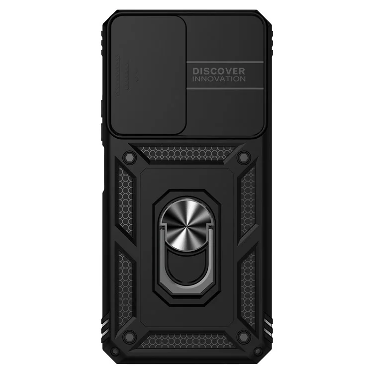 For Honor X7 4G Hard PC + Soft TPU Phone Case with Metal Ring Kickstand and Slide Camera Protector - Black