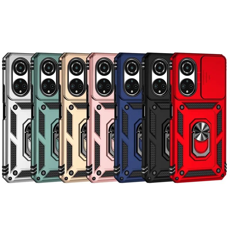 Obudowa telefoniczna z twardego PC i miękkiego TPU z metalową obręczą podpierającą i przesuwanym ochronnikiem aparatu dla Honor X7 4G - Niebieska