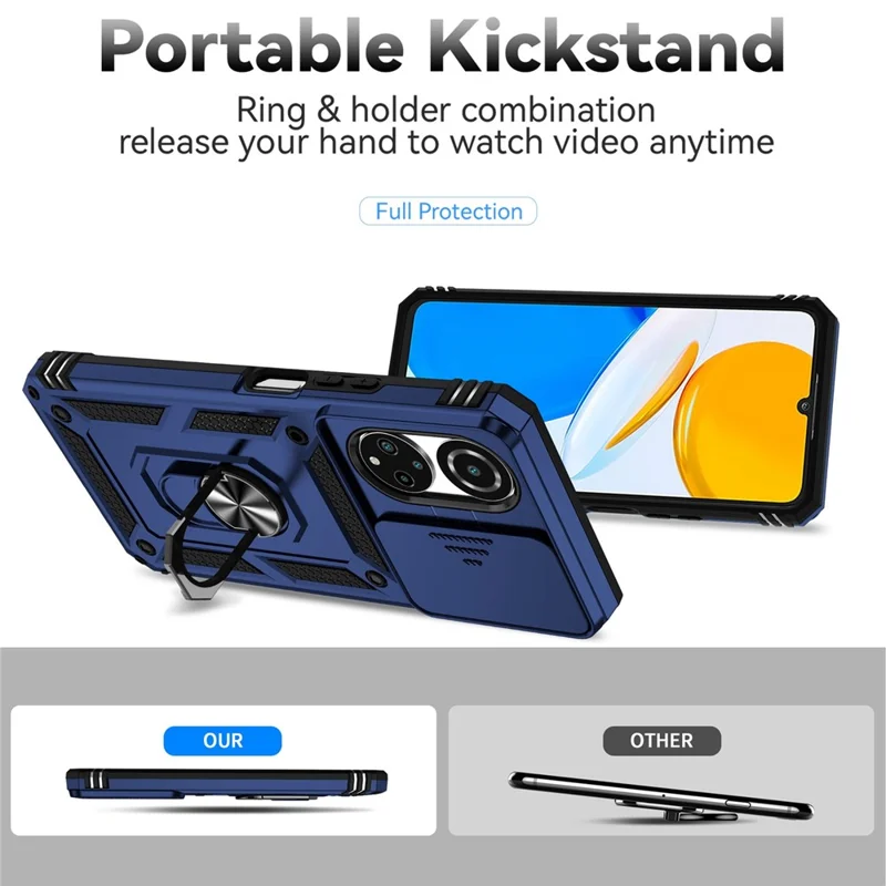 Obudowa telefoniczna z twardego PC i miękkiego TPU z metalową obręczą podpierającą i przesuwanym ochronnikiem aparatu dla Honor X7 4G - Niebieska