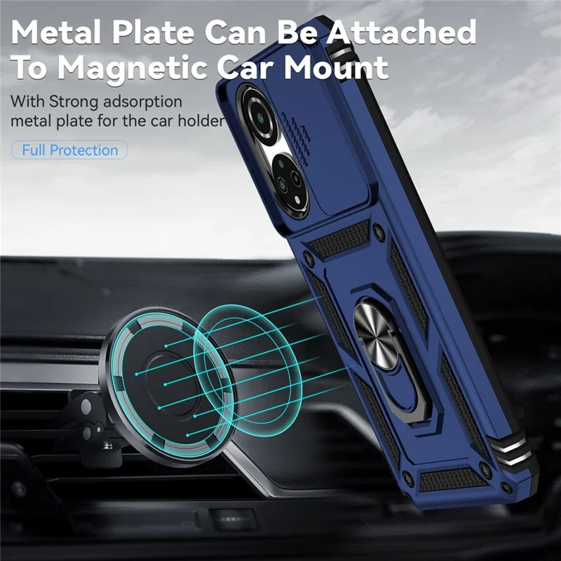 Obudowa telefoniczna z twardego PC i miękkiego TPU z metalową obręczą podpierającą i przesuwanym ochronnikiem aparatu dla Honor X7 4G - Niebieska