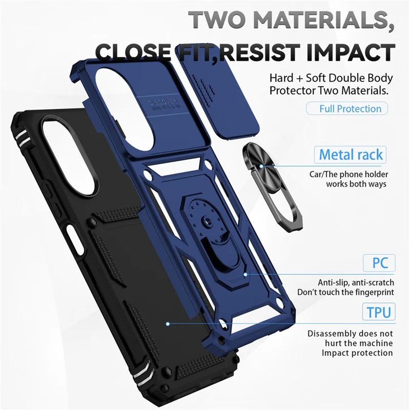 Obudowa telefoniczna z twardego PC i miękkiego TPU z metalową obręczą podpierającą i przesuwanym ochronnikiem aparatu dla Honor X7 4G - Niebieska