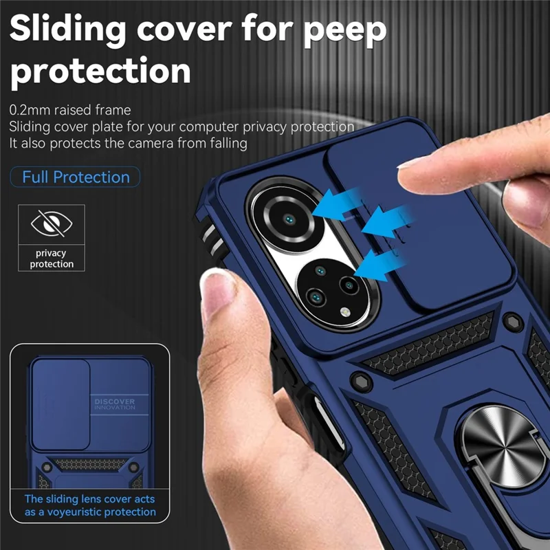 Obudowa telefoniczna z twardego PC i miękkiego TPU z metalową obręczą podpierającą i przesuwanym ochronnikiem aparatu dla Honor X7 4G - Niebieska