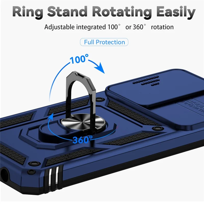 Obudowa telefoniczna z twardego PC i miękkiego TPU z metalową obręczą podpierającą i przesuwanym ochronnikiem aparatu dla Honor X7 4G - Niebieska