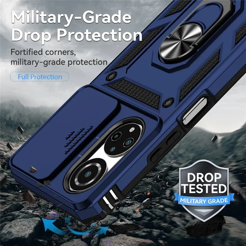 Obudowa telefoniczna z twardego PC i miękkiego TPU z metalową obręczą podpierającą i przesuwanym ochronnikiem aparatu dla Honor X7 4G - Niebieska