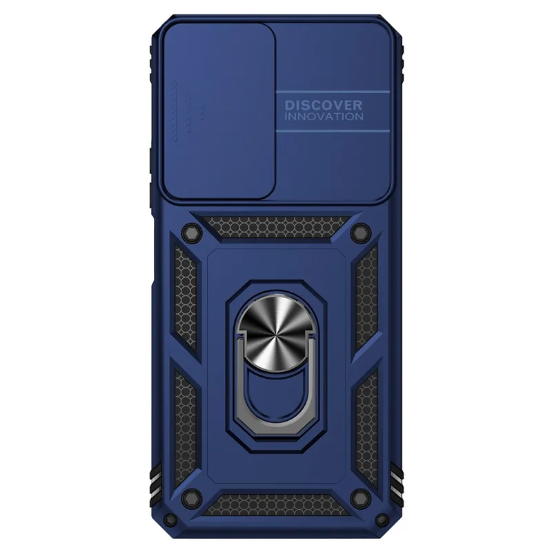 Obudowa telefoniczna z twardego PC i miękkiego TPU z metalową obręczą podpierającą i przesuwanym ochronnikiem aparatu dla Honor X7 4G - Niebieska