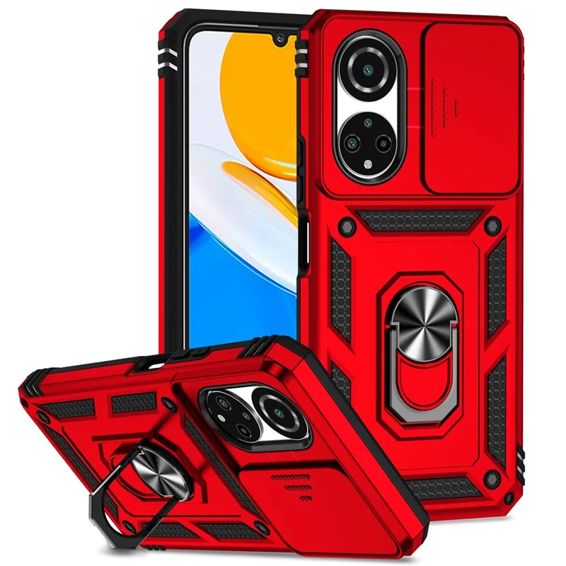 Чехол для телефона For Honor X7 4G с жёстким ПК + мягким ТПУ, с металлическим кольцевым держателем-подставкой и выдвижной защитой камеры - Красный
