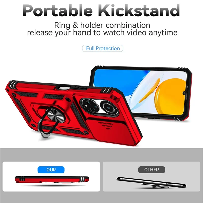 Чехол для телефона For Honor X7 4G с жёстким ПК + мягким ТПУ, с металлическим кольцевым держателем-подставкой и выдвижной защитой камеры - Красный