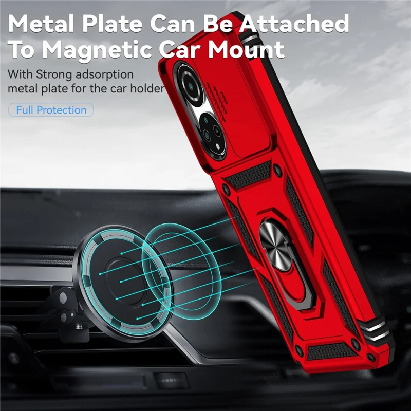 Чехол для телефона For Honor X7 4G с жёстким ПК + мягким ТПУ, с металлическим кольцевым держателем-подставкой и выдвижной защитой камеры - Красный