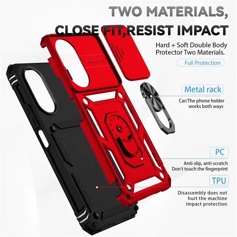 Чехол для телефона For Honor X7 4G с жёстким ПК + мягким ТПУ, с металлическим кольцевым держателем-подставкой и выдвижной защитой камеры - Красный