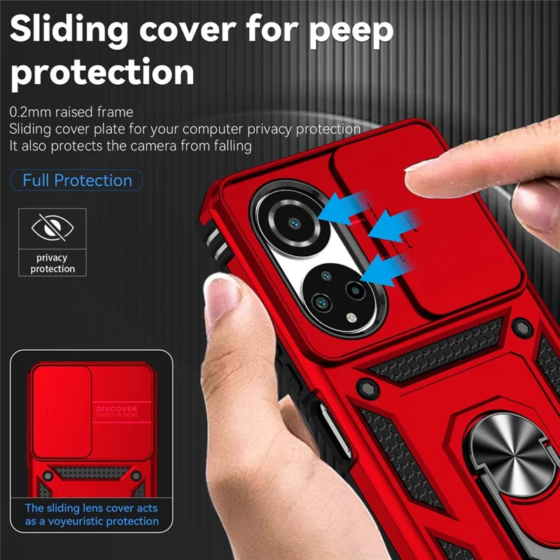 Чехол для телефона For Honor X7 4G с жёстким ПК + мягким ТПУ, с металлическим кольцевым держателем-подставкой и выдвижной защитой камеры - Красный