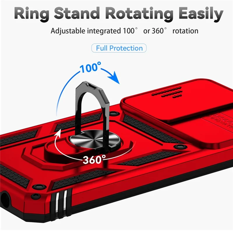 Чехол для телефона For Honor X7 4G с жёстким ПК + мягким ТПУ, с металлическим кольцевым держателем-подставкой и выдвижной защитой камеры - Красный